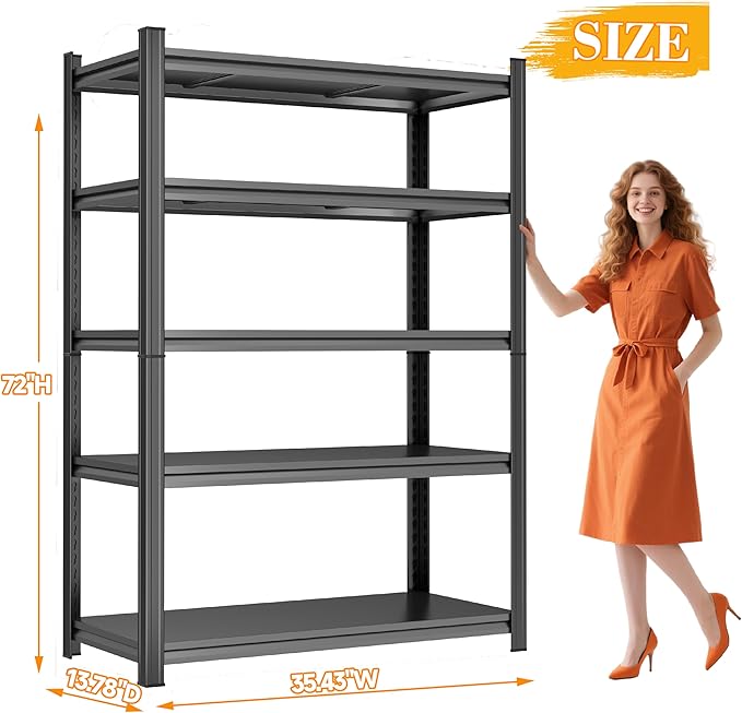72" H Metal Garage Shelving Units Shelves for Organization Storage Shelves 3000Lbs 5-Tier Adjustable Metal Storage Rack Shelf Garage Shelf Organizer for Industries Basement Pantry Warehouse, Black