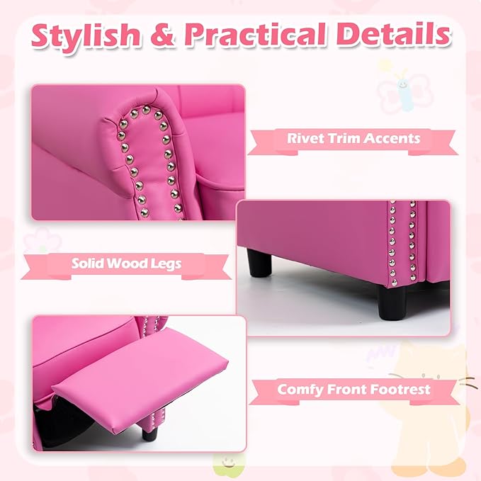 AVAWING Kids Wingback Recliner Chair with Studded Tufted Backrest & Nailhead Trim, PU Leather Kids Chair with Adjustable Backrest and Footrest, for Bedroom or Nursery, Pink