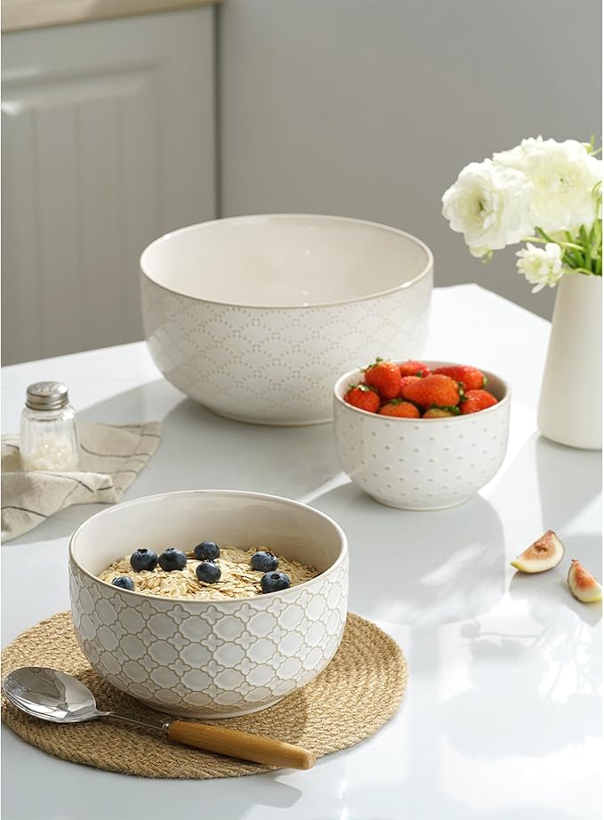 Mikiegy Ceramic Mixing Bowls Set of 4, Nesting Ceramic Embossment Stoneware Mixing Bowls for Cooking, Serving, Popcorn, Salad etc, Microwave & Dishwasher Safe, 20/44/98/145 oz, Off-White