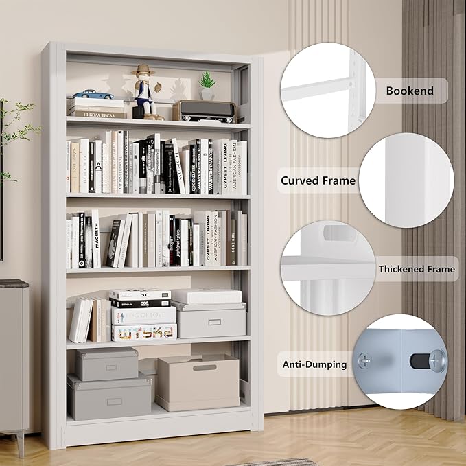 69” Tall Metal Bookshelf,5-Tier Bookcase with Adjustable Storage Shelves,Floor Standing Unit,Heavy Duty Bookcase for Home Office, Living Room, Bed Room,White Display Shelves,H69*W36*D11.8 Inch