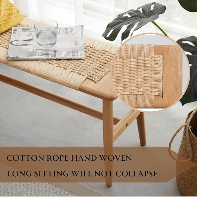 31.5'' Woven Dining Beach with 100% Solid Oak Wood Bench Frame, Hand Knitted Rope Designed Bed End Shoe Bench for Kitchen Bedroom Entryway, Beige