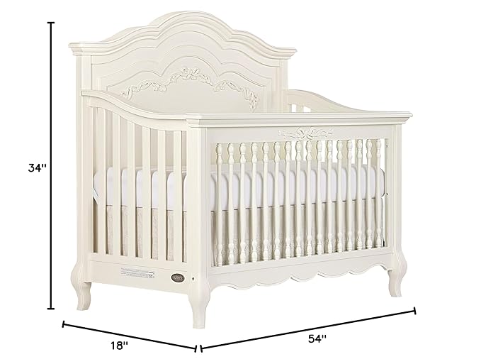 évolur Aurora 5-in-1 Convertible Full-Size Baby Crib in Ivory Lace, GreenGuard Gold & JPMA, 3 Mattress HeightsRibbon Bow Scrollwork & Queen Anne Feet, Converts to Toddler, Day & Full-Size Bed