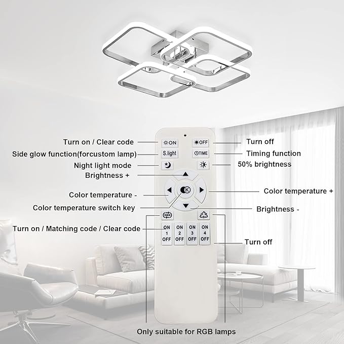 Dimmable Modern Led Ceiling Light, 4 Rings Square Ceiling Lamp with Remote Control, 48W Chrome Acrylic Ceiling Lighting Fixture for Living Room Dining Room Kitchen Office Lamps