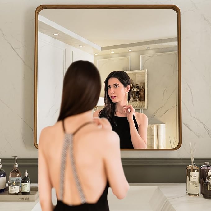 LOAAO 36X36 Inch Bathroom Mirror with Wood Grain Colored Metal Frame, Rounded Rectangle Metal Framed Bathroom Mirror, Anti-Rust, Hangs Horizontally or Vertically, Tempered Glass