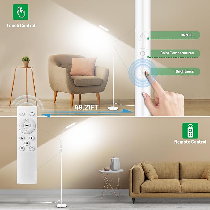 Dimmable LED Floor Lamp, Super Bright Reading Lamps Floor Standing Lamp with Remote & Touch Control, Stepless Dimming & 2700K-6500K Color Temperature, for Living Room Bedroom Office, White