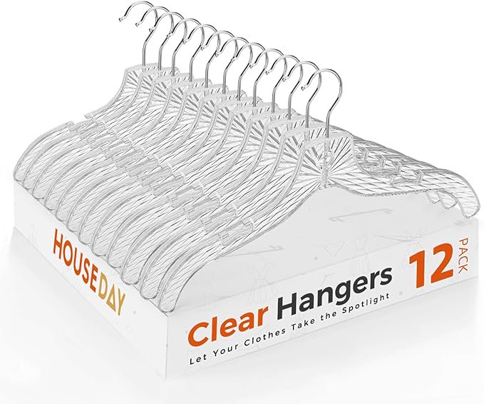 HOUSE DAY Clear Plastic Hangers 12 Pack, Durable Crystal Hangers for Clothes, Light Weight Plastic Dress Hanger for Women, Versatile 16.7‘’ Hanger for Closet and Retail Use, with 360° Swivel Hook