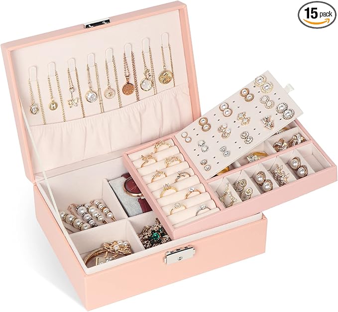Jewelry Box for Women Girls, 2 Layers Jewelry Organizer Container with Lock, PU Leather Storage Case with Removable Tray, Jewelry Display Box for Necklaces Earrings Bracelets Rings Watches (Pink)