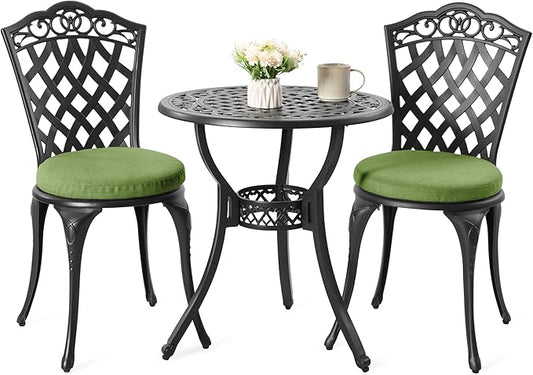 NUU GARDEN 3-Piece Patio Bistro Set Outdoor Cast Aluminum Bistro Table and Chairs Set of 2, Outdoor Patio Bistro Set with Umbrella Hole and Green Cushions for Patio Balcony, Black
