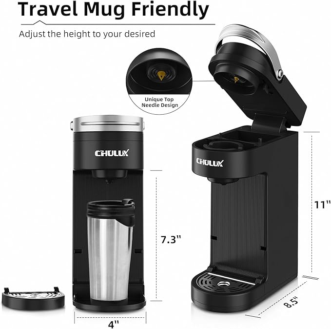 CHULUX Slim Single Serve Coffee Maker for K Cup, Mini Travel One Cup Coffee Machine for Home, Desk, Kitchen and Bedroom, Fits Travel Mug, Matte Black