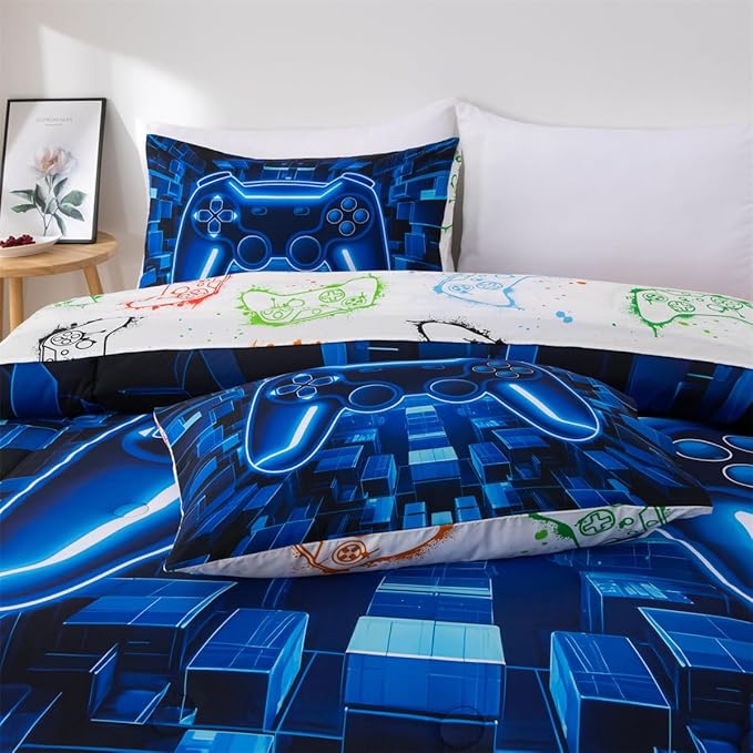 NTBED 5pcs Game Console Comforter Set for Boys Girls Kids 3D Gaming Block Bed in a Bag Lightweight Microfiber Gamer Bedding Sets (Blue, Twin)