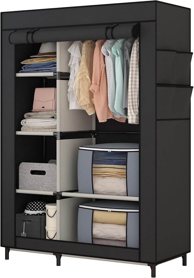 Calmootey Portable Closet, Wardrobe with 6 Shelves and Hanging Rod, Storage Organizer for Bedroom, Non-Woven Fabric Cover with 4 Side Pockets, Includes 2 Storage Bags for Clothes, Black