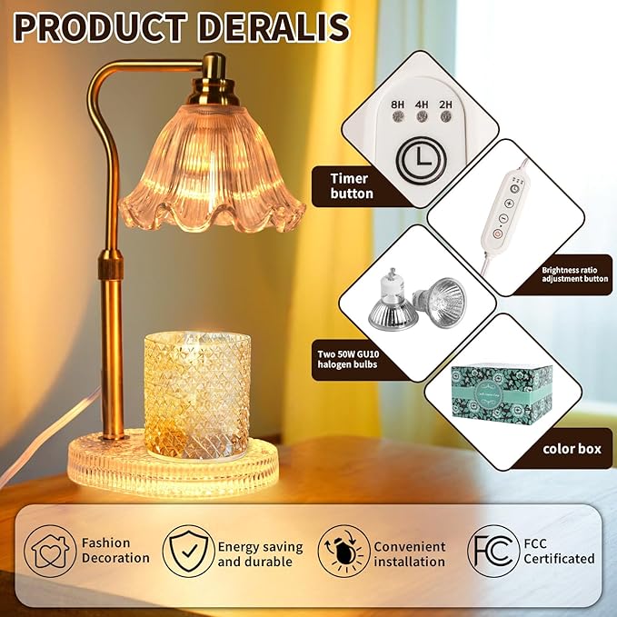 Candle Warmer Lamp with Timer: Adjustable Height and 4 Dimmer, Crystal Glass Base, Heater Wax Warmer for Jar Scented, Home Décor and Housewarming & Birthday Gift for Mom Woman, 2 Bulbs (White Flower)