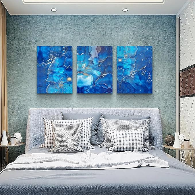 MHARTK66 Canvas Wall Art For Living Room Large Wall Decorations For Bedroom Modern Bathroom Wall Decor Painting Blue Abstract Pictures Artwork Inspirational Canvas Prints Art Home Decor 3 Pieces