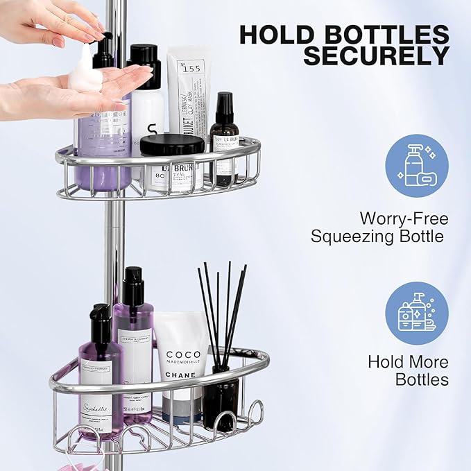 Corner Shower Caddy Tension Pole: Stainless Steel Rustproof 4-Tier Shower Organizer - 47-121 inch Adjustable Bathroom Shelves for Bathtub Shampoo Storage - Tension Rod Floor Standing Bath Rack -Silver