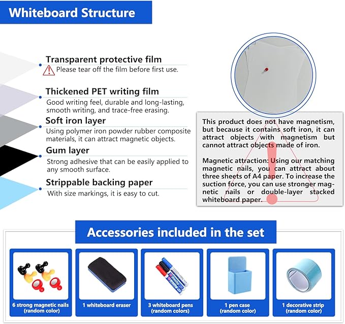 Magnetic Dry Erase Whiteboard Paper with Adhesive, 94" x 47" White Board Film for Wall, Easy to Write and Clean Dry Erase Board for Office, Classroom, Home, Include Marker, Magnetic Eraser and Magnets