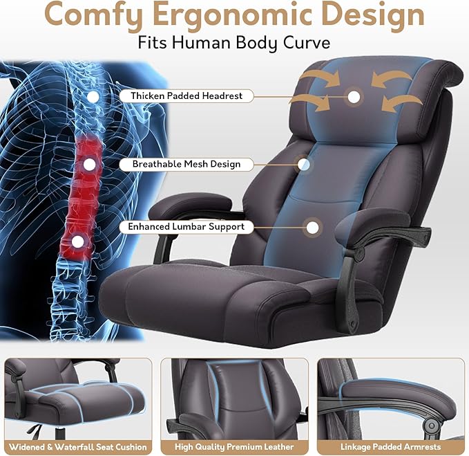 Reclining Office Chair,Recling 90-155°,Ergonomic Office Chair with Lumbar Suppot,Big and Tall Leather Desk Chair,High Back Executive Chair(Brown)