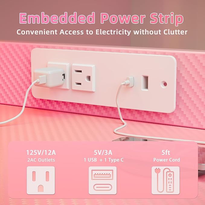 TIQLAB Gaming Desk 47 inch with Power Outlet and LED Light, Computer Desk with Reversible Shelves and Storage Drawer, Small PC Desk for Home Office Table with Bag, Carbon Fiber Pink