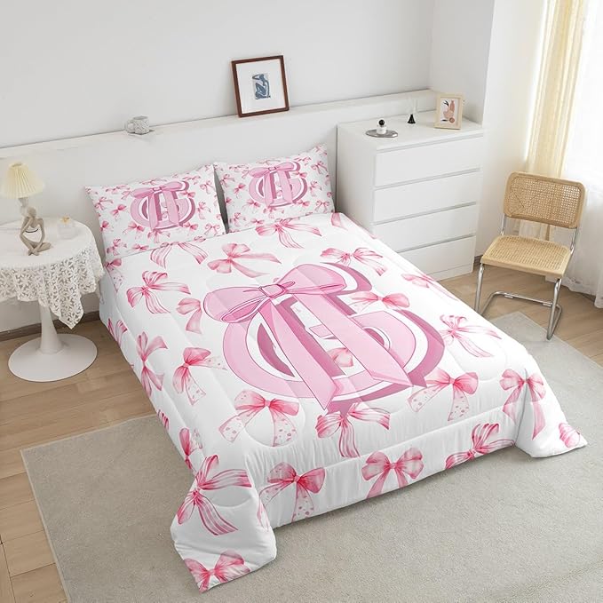 jejeloiu Kids Girls Cute Pink Bow Comforter Set Twin Size Monogrammed Bedding Set Ultra Soft Personalized Initial G Duvet Quilt Coquette Bow Knot Quilt Set Room Decor Modern Fashion Comforter