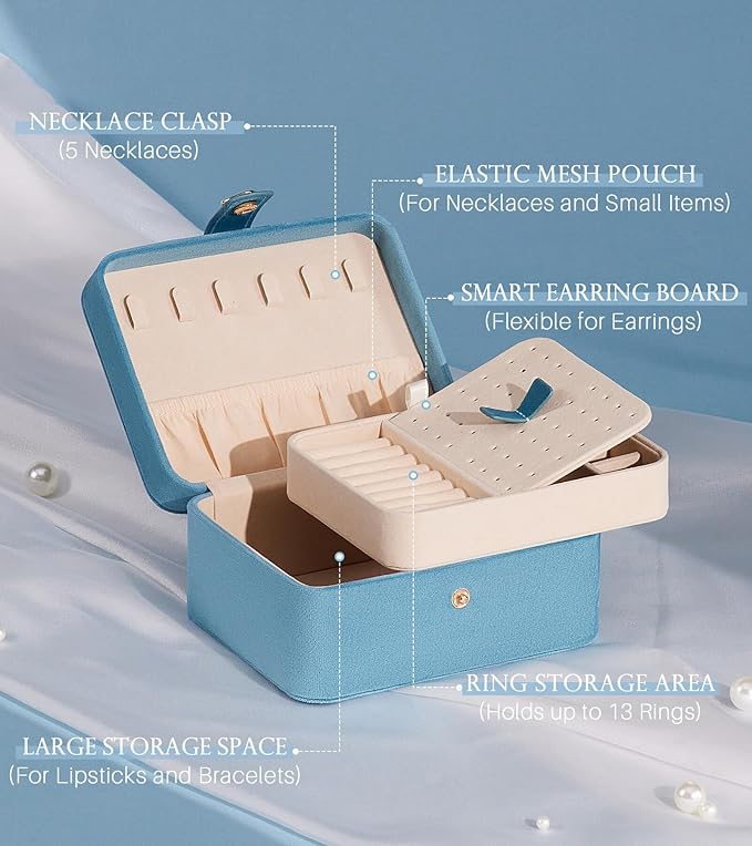 Homde Jewelry Box Small for Women: Ring Earring Organizer Storage for Dresser - Necklace Bracelets Holder with Multi Compartments(Light Blue)