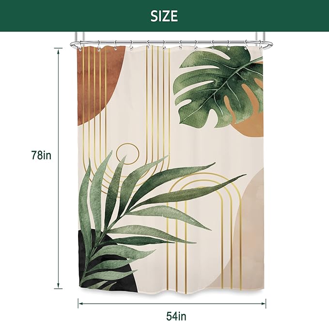 Glawry Standing Mid Century Shower Curtain 54Wx78L Inches Stall Narrow Cute Boho Tropical Boho Palm Leaf Abstract Botanical Plant Green Minimalist Bath Accessories Art Home Decor Fabric 12 Pack Hooks