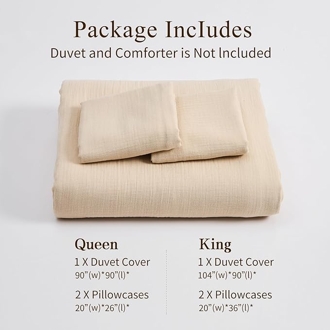 MEISHANG Muslin Duvet Cover Queen Size - 100% Organic Cotton, Soft Textured Gauze Weave Comforter Cover for Breathable All-Season with Zipper Closure - 3 Piece Set (Queen, Linen)