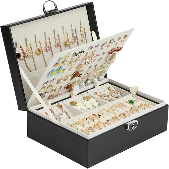 BOOVO Earring Jewelry Box For Women Girl Stud Organizer, 4 Layers Girl Jewelry Organizer Box With Lock Earring Holder Organizer Necklace Ring Jewelry Organizer Box For Girls (Black, 4 layer)