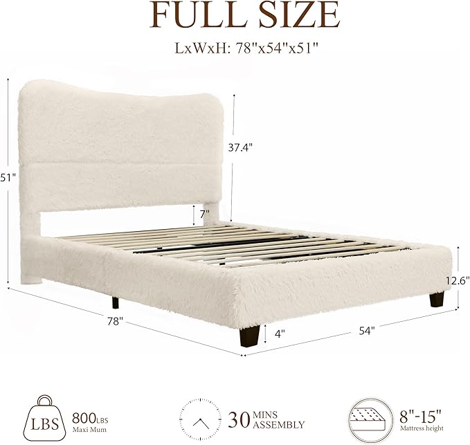 Brafab Full Bed Frame with Headboard, Boho Fluffy Boucle Cloud Upholstered Platform Bed with Soft Rounded Corners and Wooden Slats, No Box Spring Needed, Noise Free, Easy Assembly, Beige