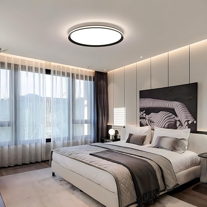 Dimmable Metal LED Ceiling Lights Fixtures,Slim, Edge Lit - 20" Full Spectrum Smart Round Ceiling Lamps,3000-6500K Modern Ultra Thin Low Profile Light Fixture for Bedroom & Living Room (Black,45W)