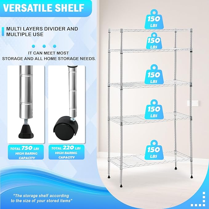 PayLessHere 14" D x 30" W x 60" H Shelves Storage Shelves Shelving NSF Certified 5 Tier Adjustable Shelf with Sliding Wheels Versatile Storage Solution Effortless Assembly and Mobility, Chrome