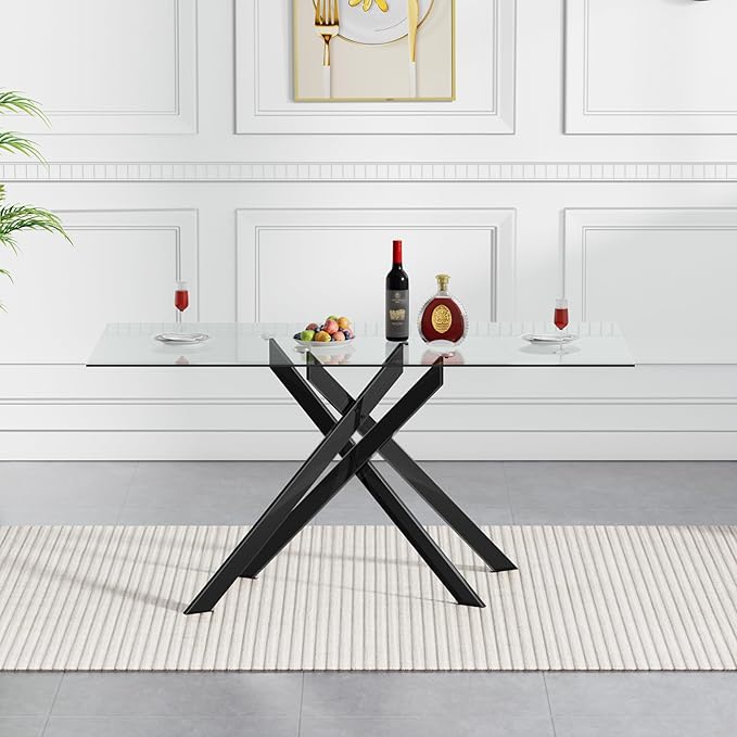 Rectangular Glass Dining Table, Tempered Glass Tabletop and Metal Legs, Modern Style Glass Kitchen Table for Home, Kitchen, Dining Room (Clear, 52'')