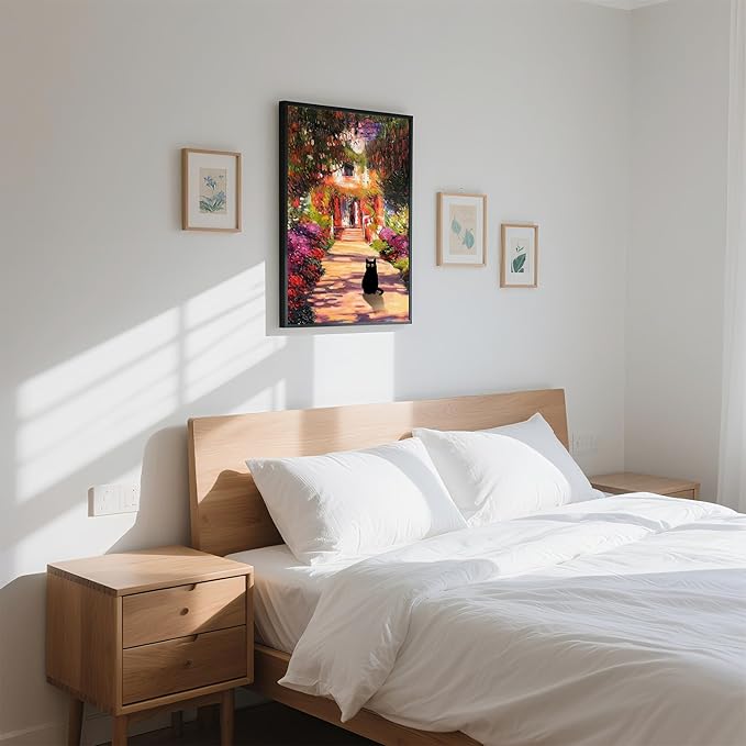 Krtoni Framed Vintage Monet Garden Cat Canvas Wall Art, Famous Oil Paintings Monet Flowers Black Cat Wall Decor, Cute Kitten Lovers Aesthetic Print For Farmhouse Gallery Bedroom Bathroom 16''L x 12''W