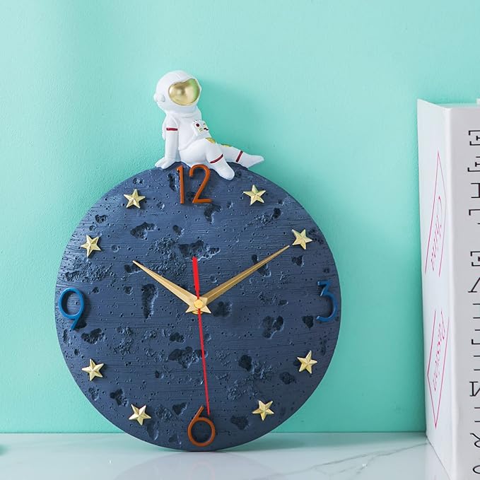 Space Theme Wall Clock, Astronaut Moon Wall Clock, 12 Inch Grey Modern Silent Clock for Kids Room Nursery Living Room Bedroom Kitchen Decor, for Children Boys and Girls Gift