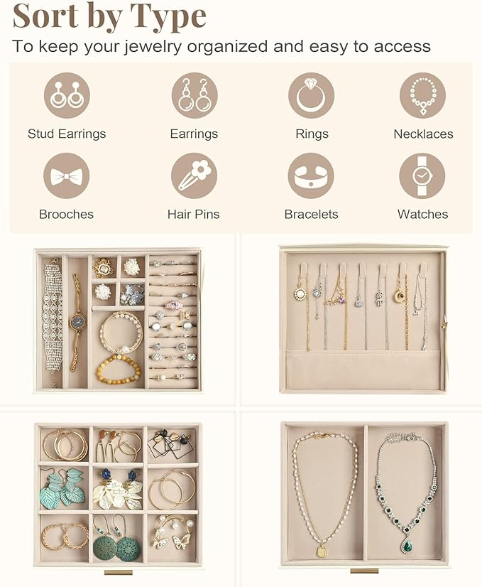 Amearea Jewelry Box Organizer for Women Girls with Mirror, 3-Layer Large Jewelry Storage Case, Synthetic Leather Jewelry Holder Organizer with Removable Tray for Necklaces Earrings Rings, White