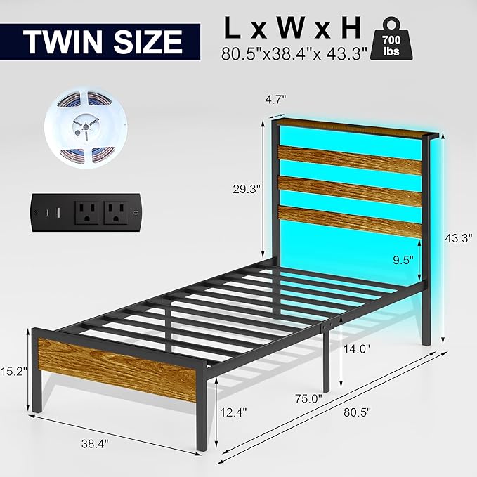 Twin Bed Frame with LED Lights & Charging Station, Metal Platform Bed with Headboard, Heavy Duty Metal Slats, No Box Spring Needed, Noise Free, Easy Assembly, Brown