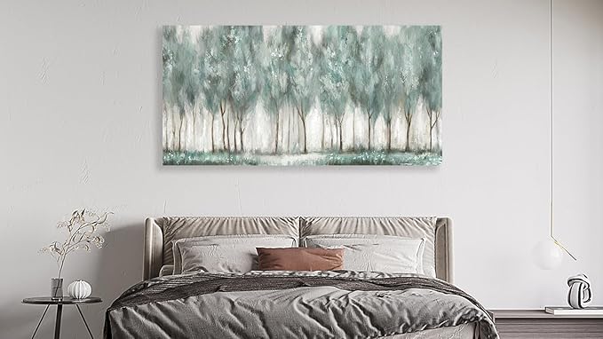 NINEASO Abstract Forest Canvas Wall Art - Grey Teal Foggy Trees Pictures Abstract Misty Woods Wall Decor Modern Botanical Painting Print Artwork for Living Room Bedroom Home Office Decor 29" x 58"