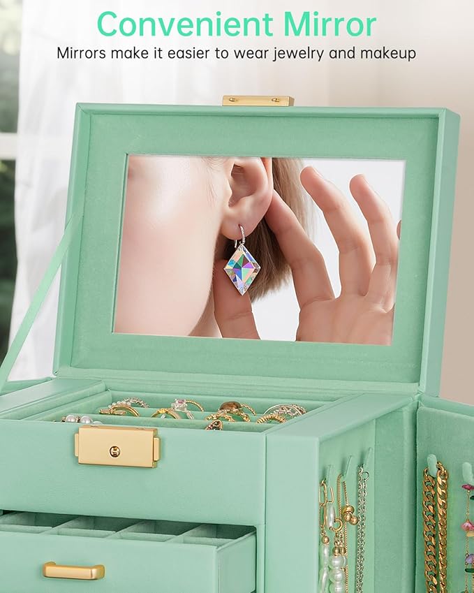 AKOZLIN 4-Tier Jewelry Box Leather Jewelry Storage Organizer with 3 Drawers Lockable for Women Girls Ring Necklace Earring Bracelet Holder with Mirror