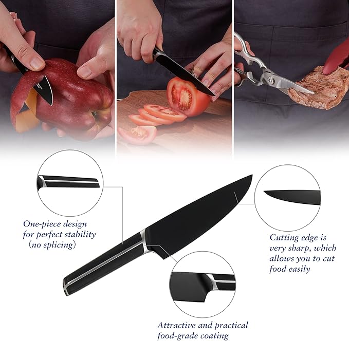 Kitchen Knife Set, 7 Pieces German Stainless Steel Knives Set for Kitchen with Acacia Wood Block, Kitchen Scissors, Box Packed, Elegant Black