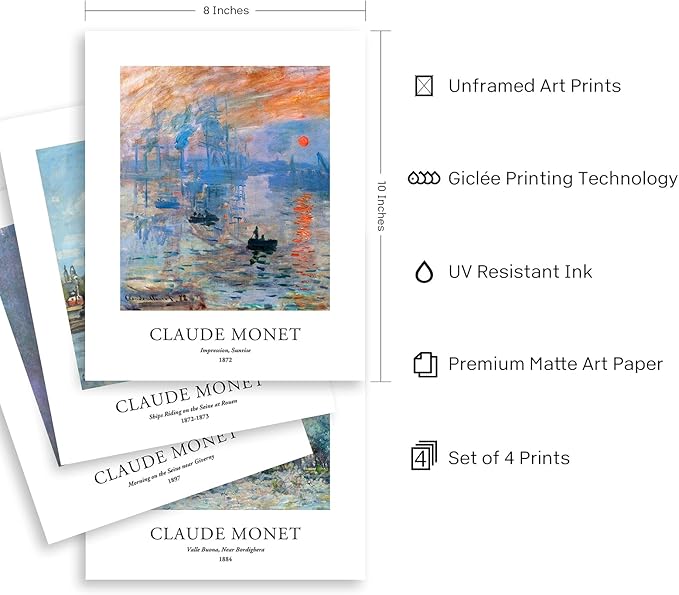 EVOLE HOME Claude Monet Art Prints, Set of 4 Wall Art, Unframed 8x10 Art Prints, Giclée Prints, Impressionism Art Poster for Home Decor, Office Wall Decor, Gift for Men, Women