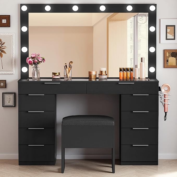 DWVO 46'' Glass Top Vanity Desk with 10 Drawers, Makeup Vanity Set with with Large Mirror and 12 LED Lights, Dressing Table with Charging Station & Storage Chair, 3-Color Light Modes, Black
