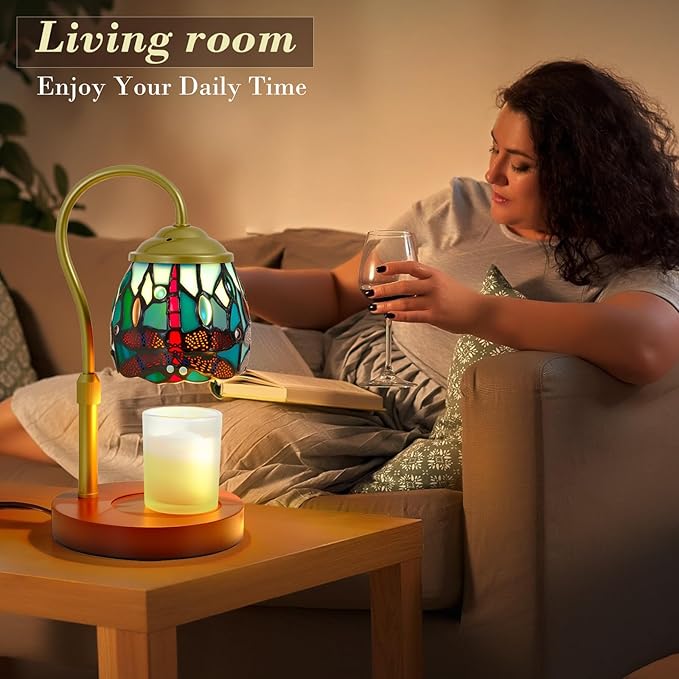 Candle Warmer Lamp with Timer Dimmer, Adjustable Height Candle Warmer for Jar Candles, Birthday Gifts for Women New Home Bedroom Decor Tiffany Dragonfly Style Stained Glass with 2 Bulbs