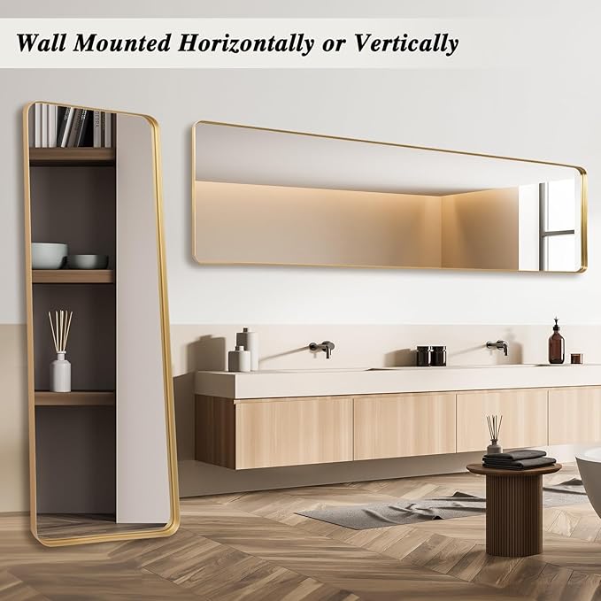 Rectangle Mirror Full Length 21" x 64" Large Floor Mirror Gold Metal Frame Wall Mounted Hanging Mirror for Home Decor Leaning Wall Full Body Dressing Mirror for Closet Bathroom Bedroom