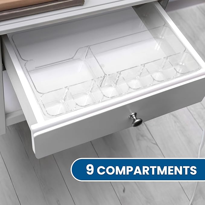 Manaloom Desk Drawer Organizer Tray with 9 Storage Compartments - For Home and Office - Drawer Organizers Office, Perfect Organizing Pens, Pencils, Paper Clips, Sticky Notes - Clear - 2 Pack