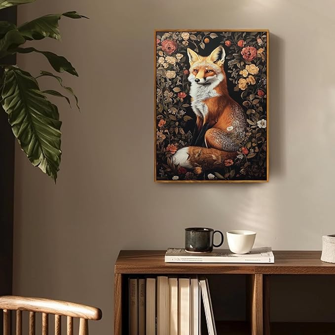 Djmwtb William Morris Framed Wall Art Fox Floral Canvas Wall Art Flower Botanical Art Prints Boho Nature Painting Animal Pictures Wall Decor Artwork for Living Room Bedroom Office 8x10in