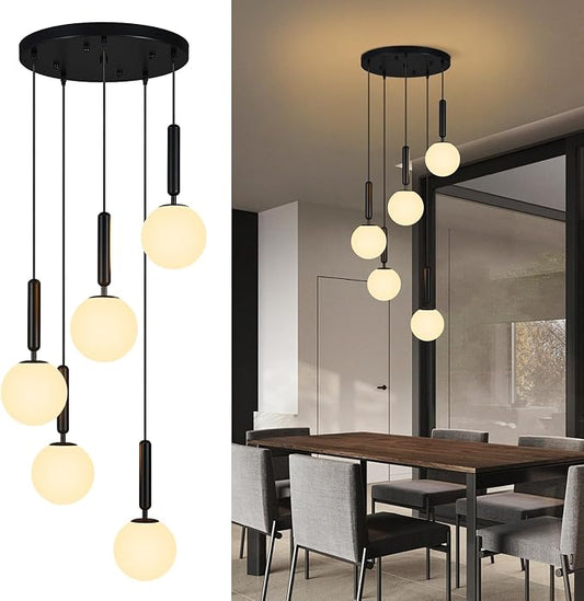Modern Black Pendant Light Hanging Fixture Light for Kitchen Island Mid Century with Globe Pendant Light Milk White Glass Pendant Lighting for Living Room Bedroom Entryway (5 Lights)