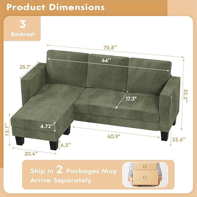 VICTONE Convertible Sectional Sofa Couch, 3 Seat L-Shaped Sofa with Linen Fabric Ottoman Small Couch for Small Apartments, Living Room and Office (Corduroy, Green)