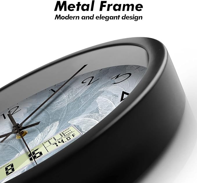 SCAOGE Digital Wall Mount Clock with Date Temperature Day White with Blue Feather Unique Silent Calendar Clocks Battery Operated Large Display Decorative for Bathroom Kitchen Office Bedrooms 12 Inch