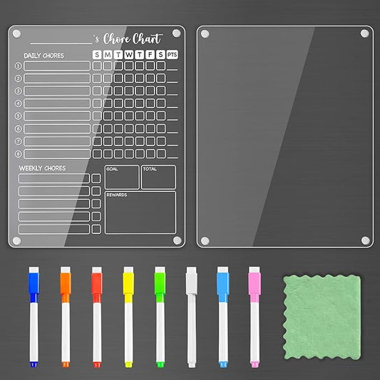 PigPotParty Clear Acrylic Magnetic Chore Chart and Blank Memo Whiteboard for Fridge, 2 Pack 9.5"x12" Dry Erase Board to Do List Meal Planner for Adult Teens Kids Family, Include 8 Markers & 1 Towel