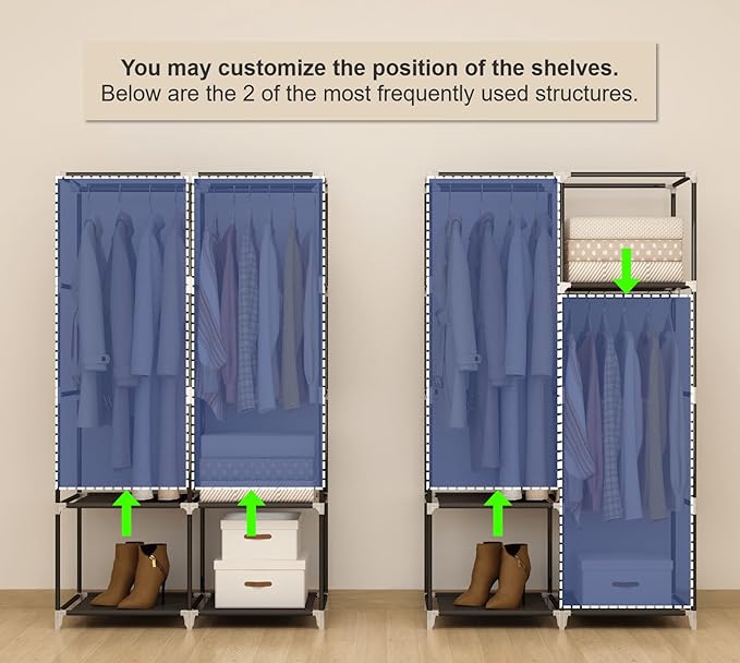 Portable Closet Wardrobe for Small Room, 35-Inch Clothing Organizer Storage Rack with 2 Clothes Hanging Rods and 4 Shelves, Non-Woven Fabric Cover, Black