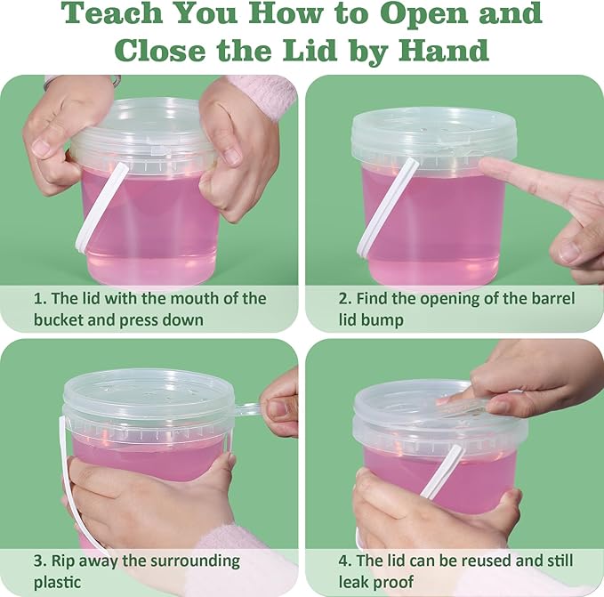 ASEVAT 16 oz 10 Pack Airtight Clear Plastic Bucket with Lid, Ice Buckets for Parties, Reusable Ice Cream cup with Handle, Food Storage Container, Food Grade Freezer and Microwave Safe for Sauce, Soup