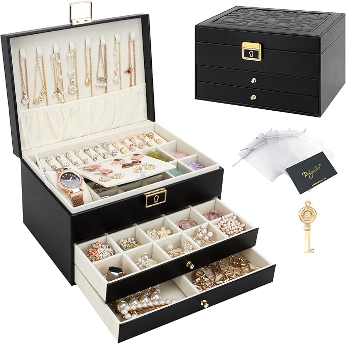 DesignSter Jewelry Box,Jewelry Organizer with 2 Drawers, 3 Layers Leather Jewelry Storage Box with Lock, Jewelry Storage Case for Necklaces Earrings Bracelets and Rings（Black）